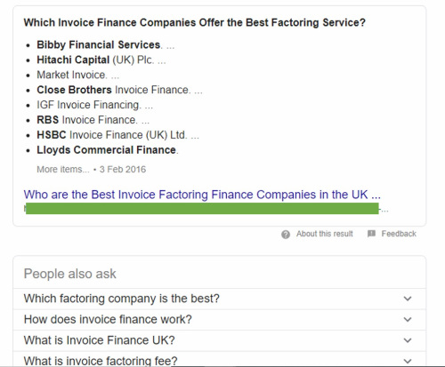 The top organic search result from Google for best invoice finance company.